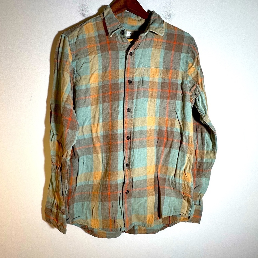 PACSUN Plaid Button-Up Flannel Shirt in Green and Orange - Picture 2 of 6